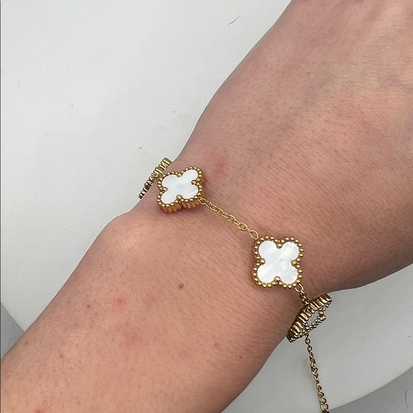 203. 14k Gold Plated White Clover Bracelet 7” - 9” - Picture 4 of 5